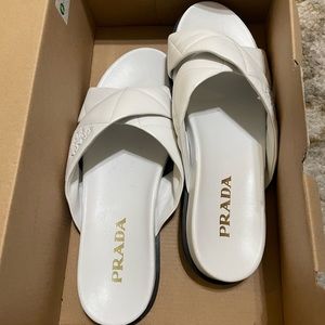 Prada logo cross strap slide sandal